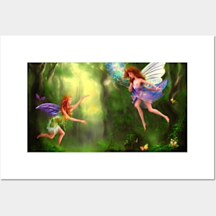 Mystic fairies flying in an enchanted forest Posters and Art